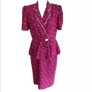 Vintage 80s Fuchsia White Bow Print Pencil Dress 9